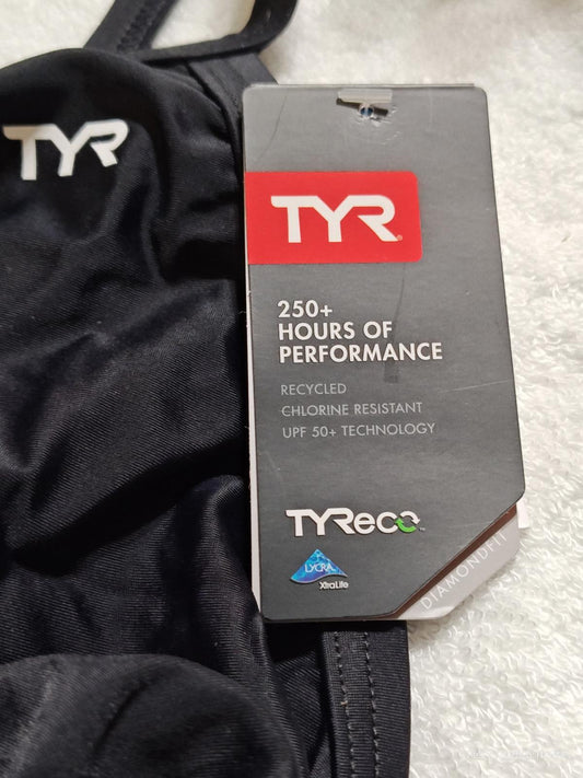 TYR swimwear tag highlighting 250+ hours of performance and recycled materials.