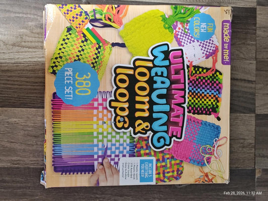 Ultimate Weaving Loom & Loops set featuring colorful weaving patterns and accessories for creative projects.