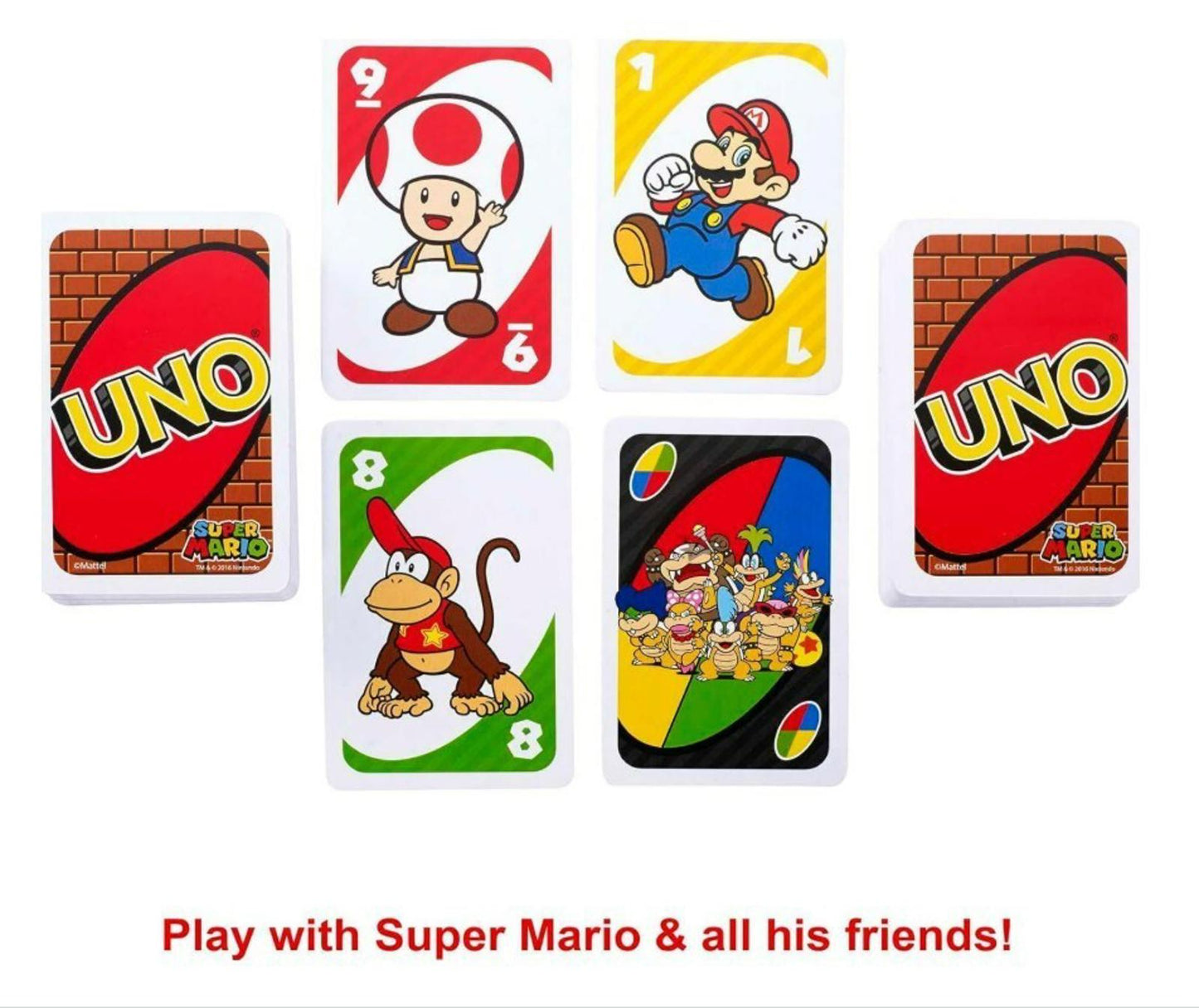 UNO card game featuring Super Mario characters including Mario, Toad, and Diddy Kong.
