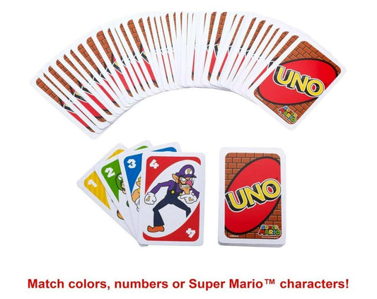 UNO card game featuring Super Mario characters and colorful number cards.