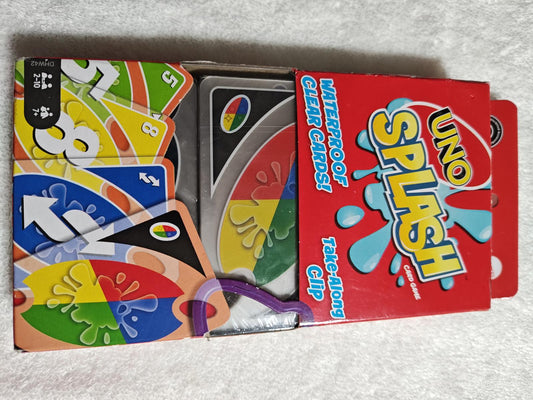 UNO Splash card game featuring colorful cards and a waterproof design for outdoor fun.