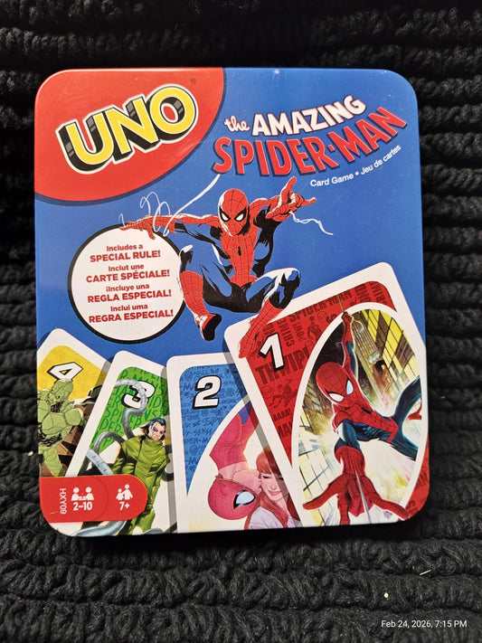 UNO The Amazing Spiderman card game featuring Spiderman and special rule cards.