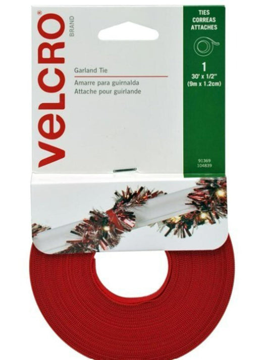 Velcro garland tie in red color, 30 feet long and 1/2 inch wide, ideal for securing decorations.