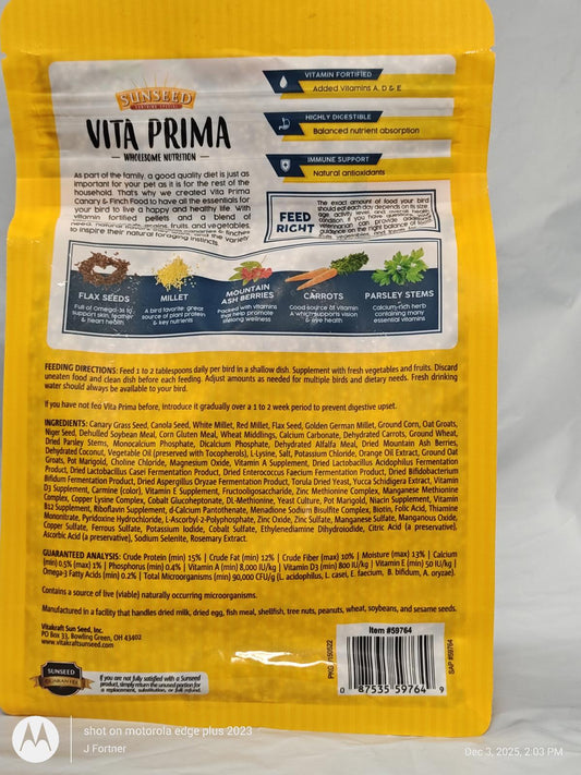 Vita Prima gourmet nutrition for small animals, featuring a blend of seeds, vegetables, and herbs.