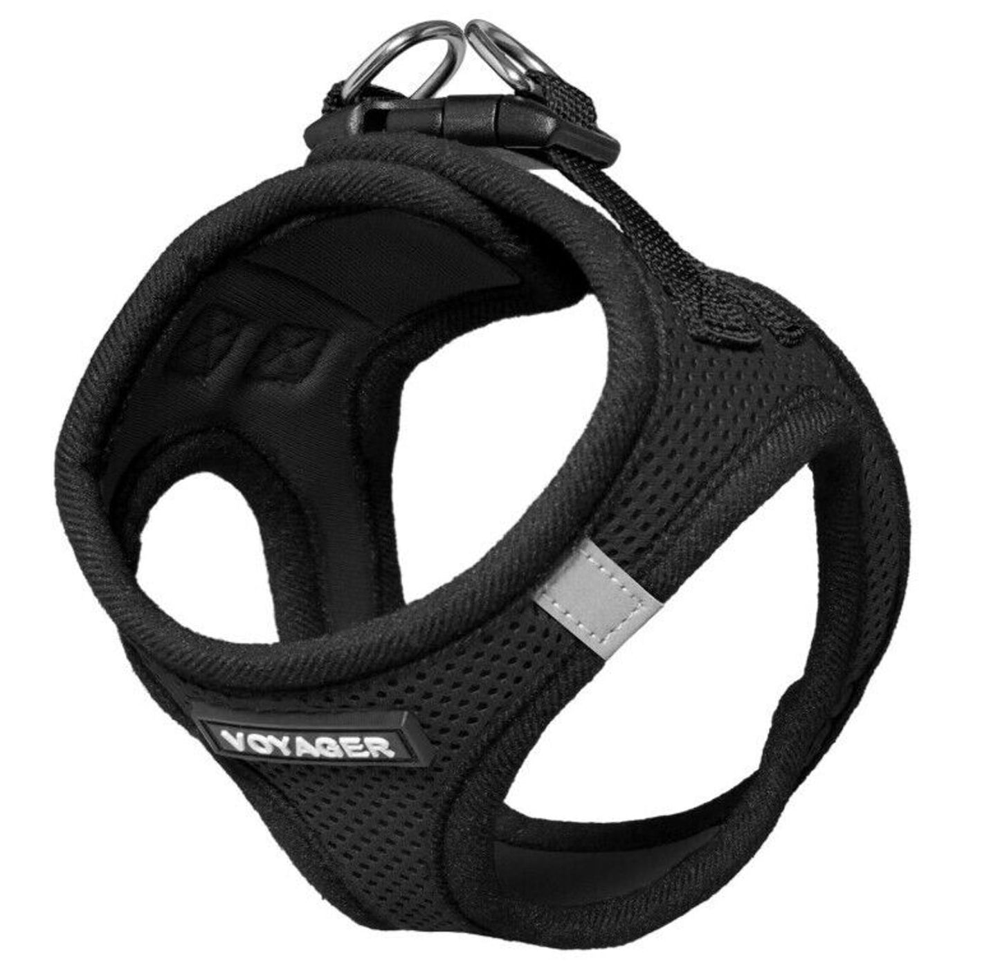 Voyager dog harness in black with breathable mesh and reflective strip for safety.