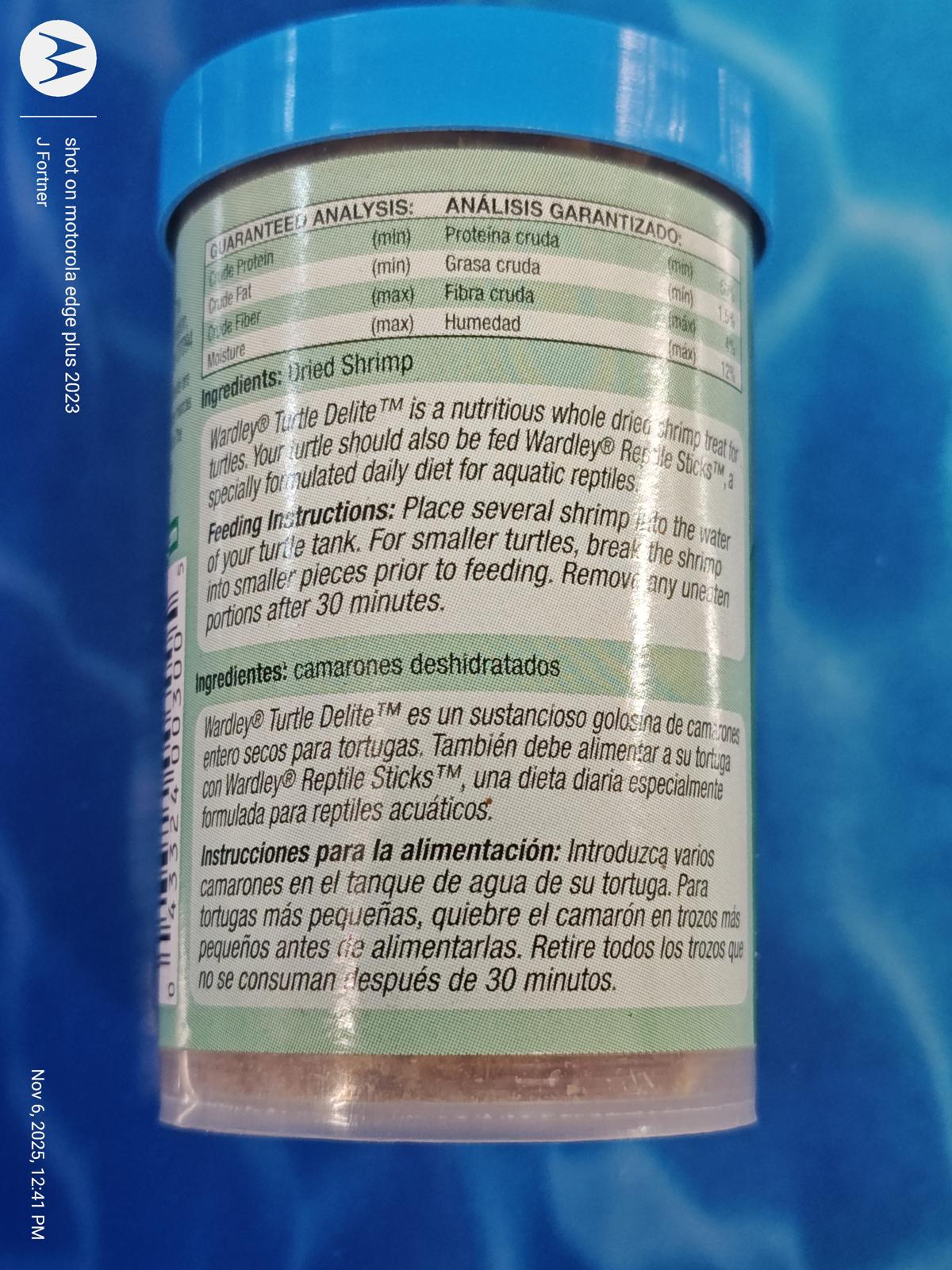 Wardley Turtle Delight shrimp food in a blue container with nutritional analysis and ingredients listed.