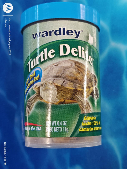 Wardley Turtle Delite turtle food in a blue container, 0.4 oz size, ideal for aquatic turtles.