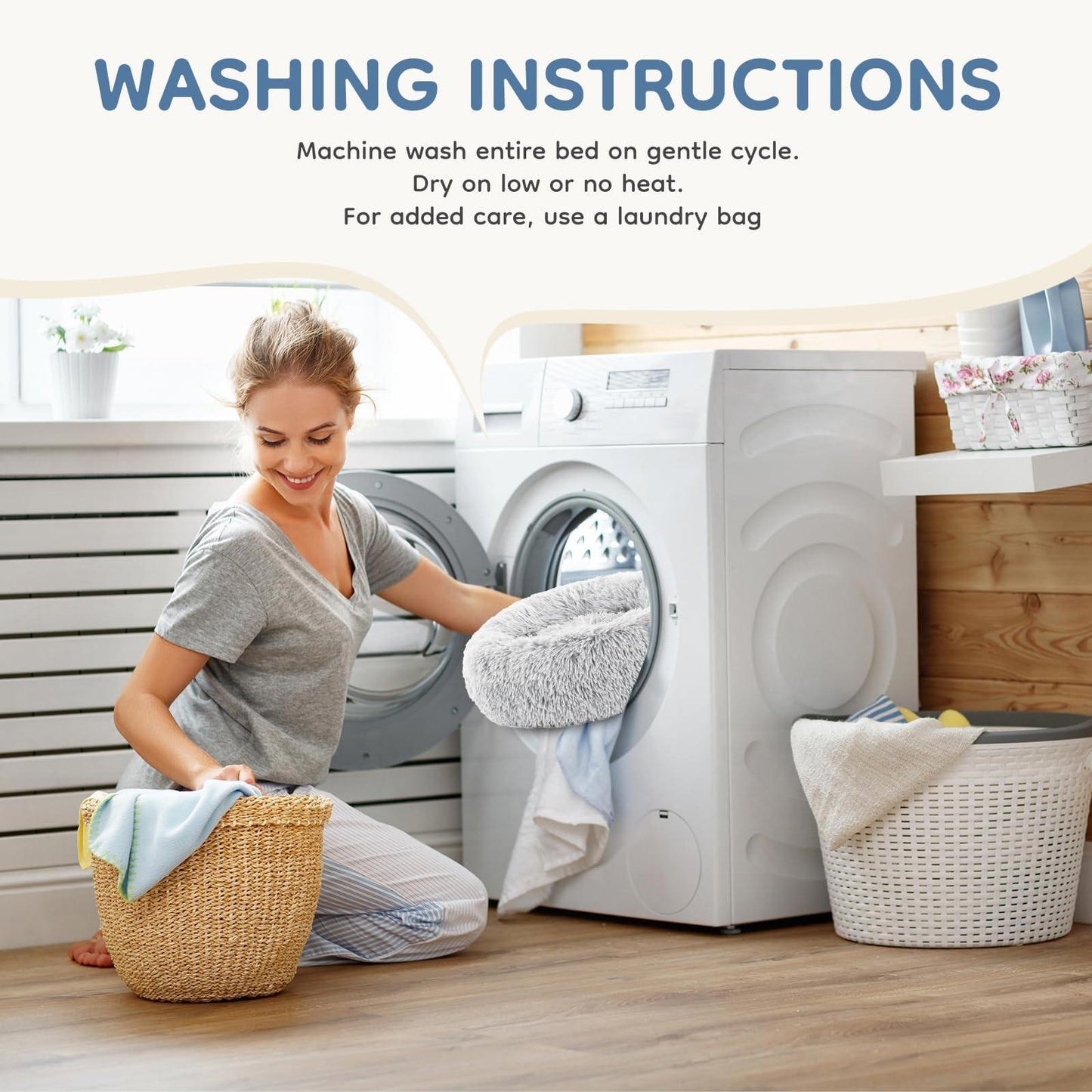 Washing Instructions for laundry care, showing a woman loading a washing machine with clothes.