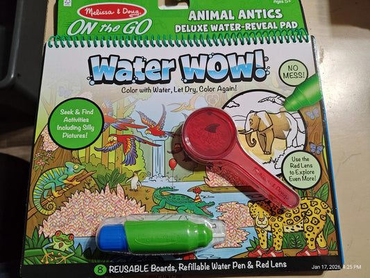 Water WOW! Animal Antics deluxe water-reveal pad with red and green markers for coloring fun.