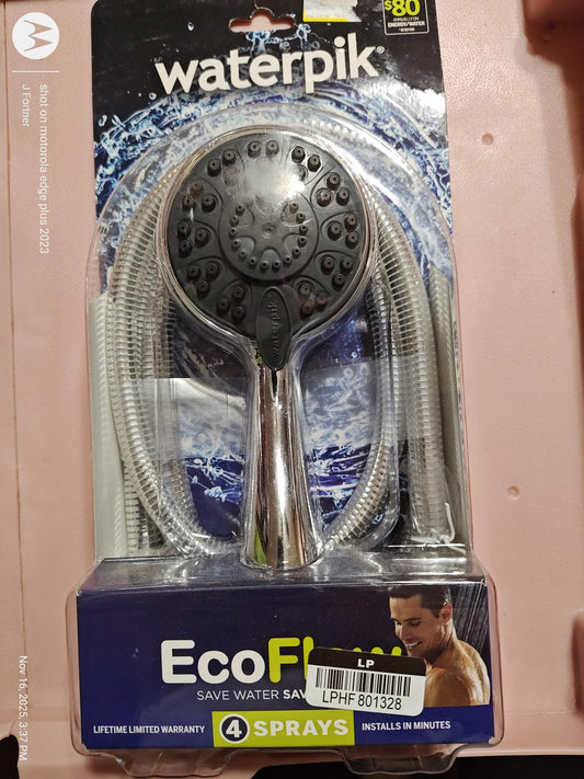 Waterpik EcoFlow showerhead with multiple spray settings for water conservation.