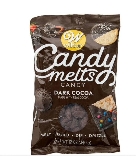 Wilton Candy Melts Dark Cocoa for melting, molding, and drizzling in baking.