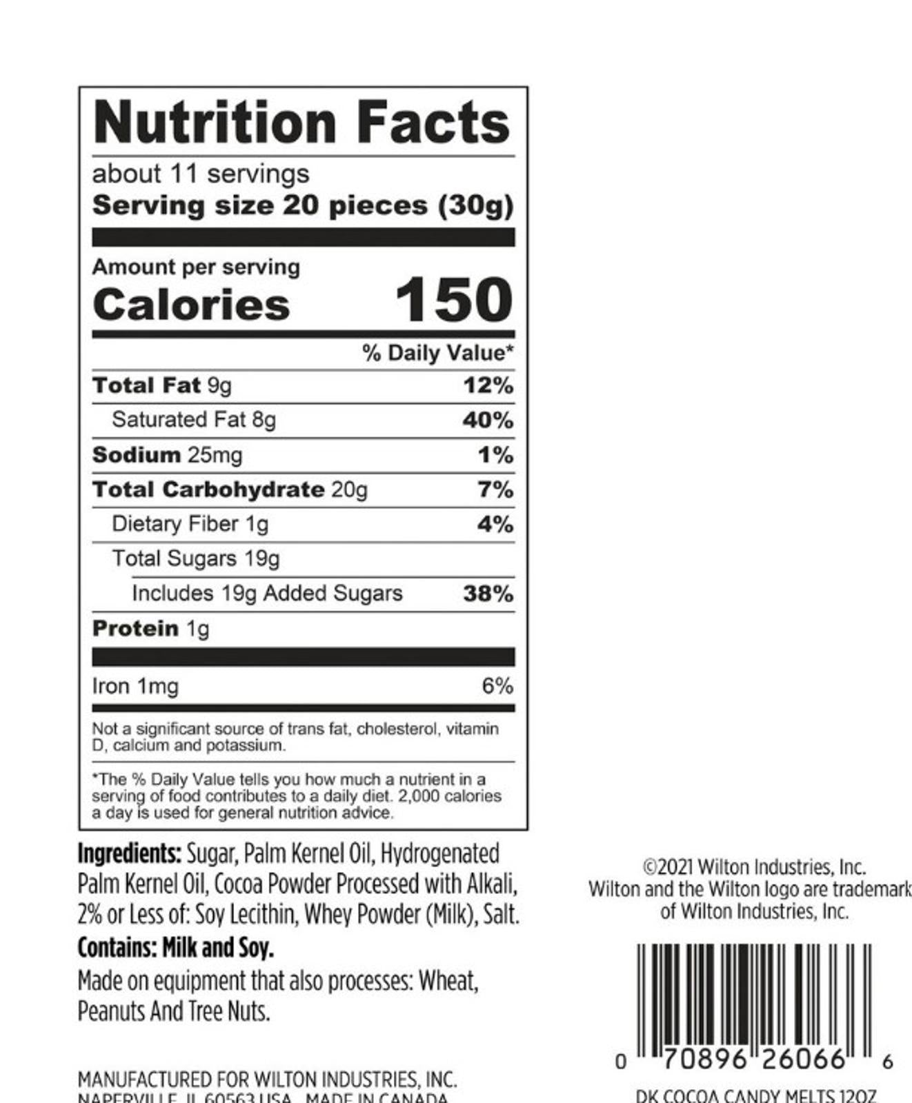 Nutrition facts label for Wilton Candy Melts, detailing calories and serving size.