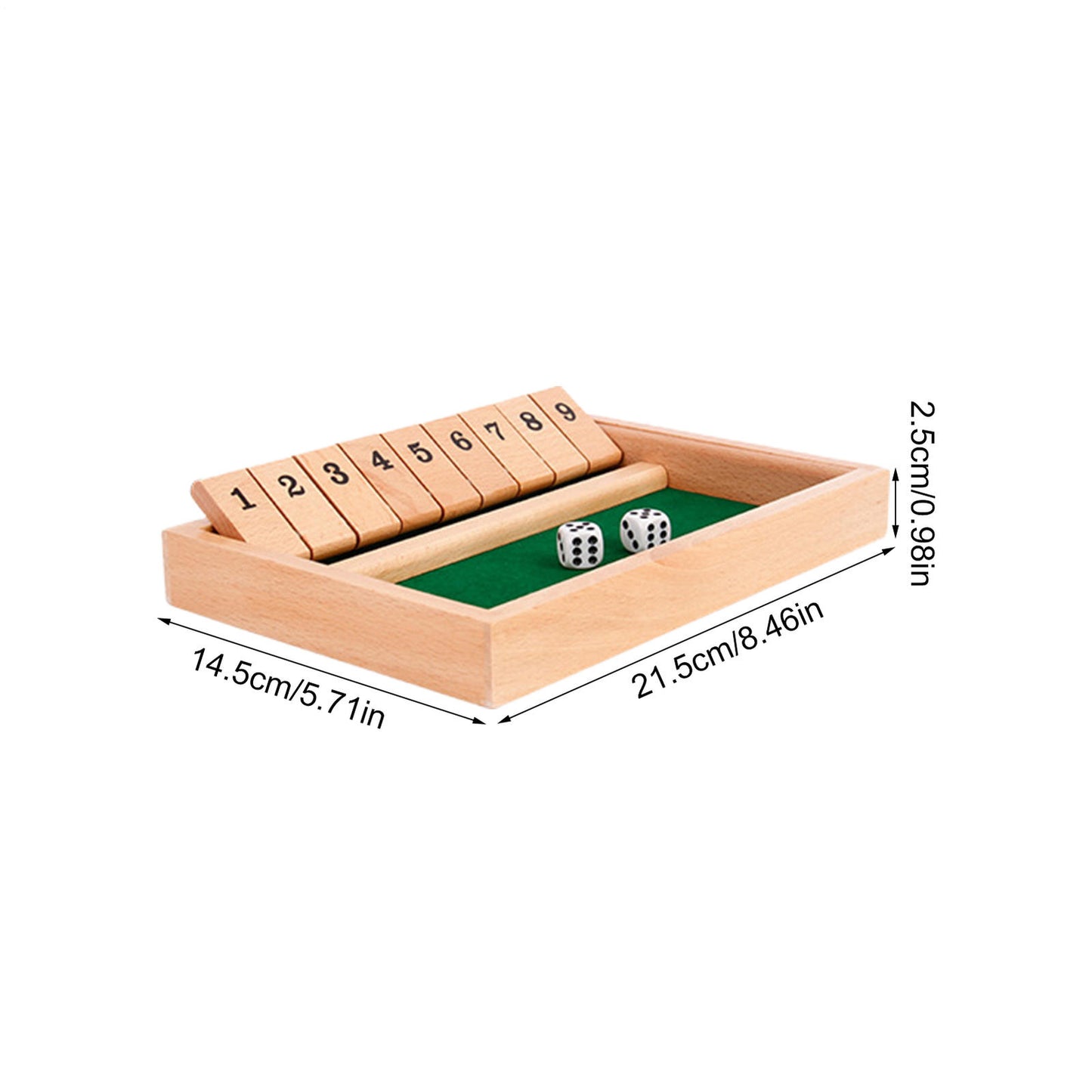 Wooden Rummikub game set with numbered tiles and dice on a green felt surface.