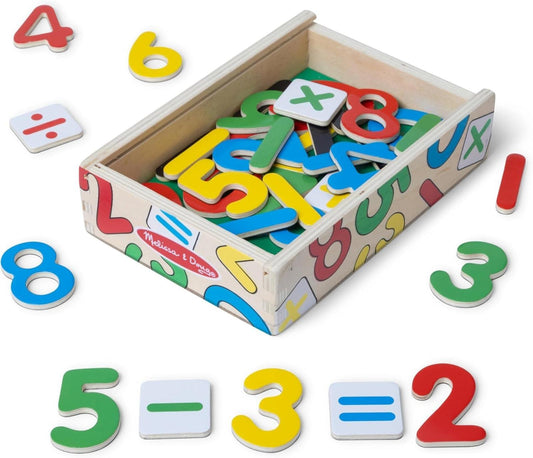 Wooden number puzzle set featuring colorful numbers and math symbols for educational play.