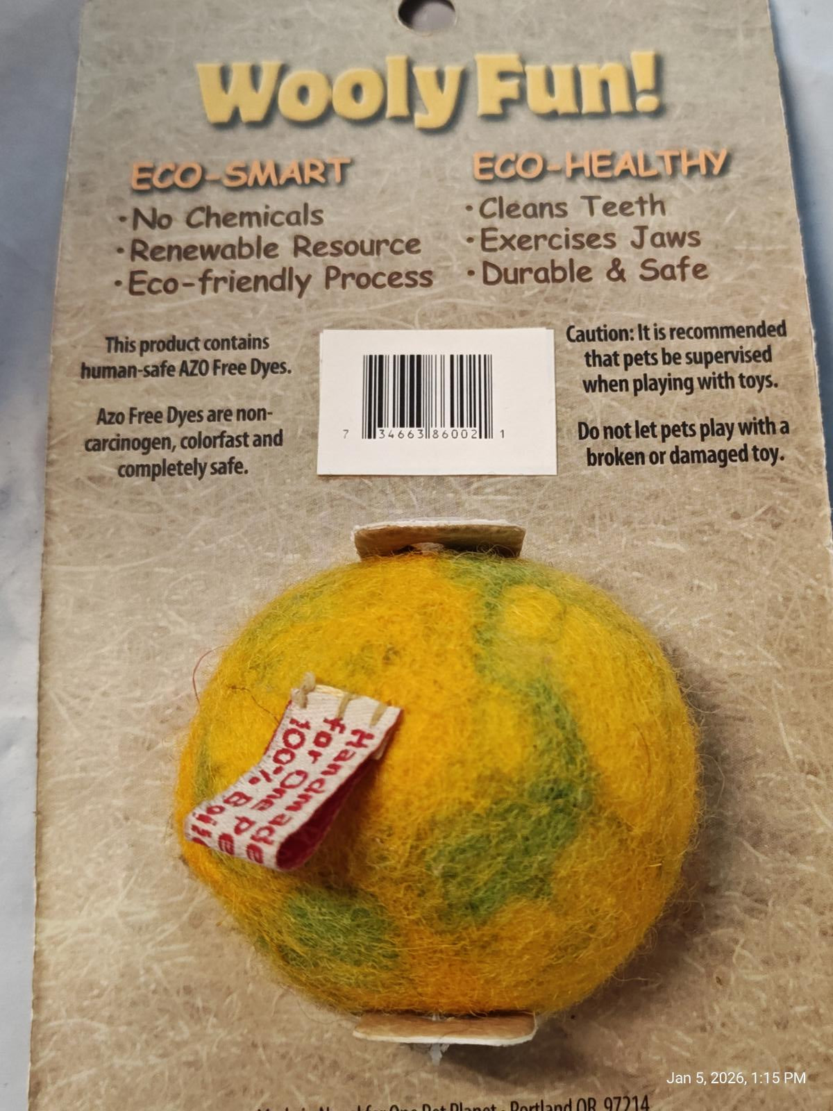 Wooly Fun eco-friendly pet toy in yellow and green colors, promotes dental health and safe play.