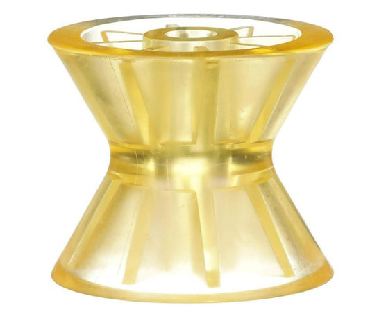 Yellow plastic hourglass-shaped spool for crafting projects.