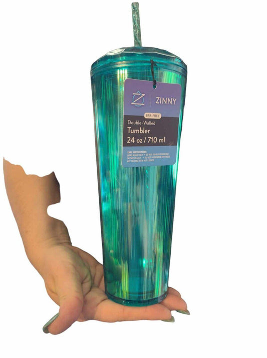 Zinny double-walled tumbler in teal color, 24 oz capacity, held in a hand.