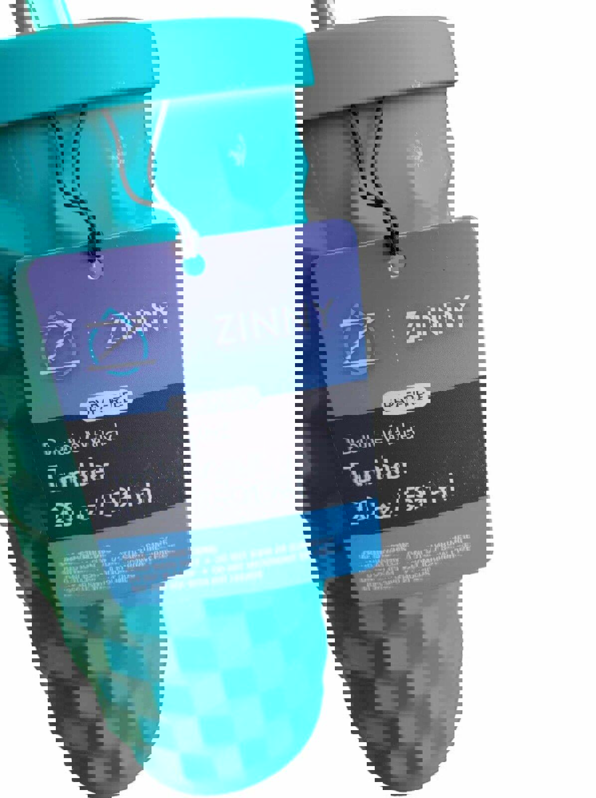 Zinny double walled tumbler in turquoise color, 20 oz capacity with BPA-free tag.