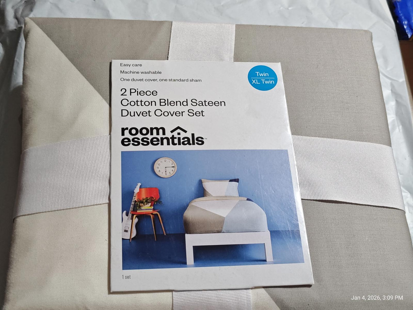 Room Essentials Twin XL Ivory & Blue Cotton Blend Sateen Duvet & Sham 2 Pc Set