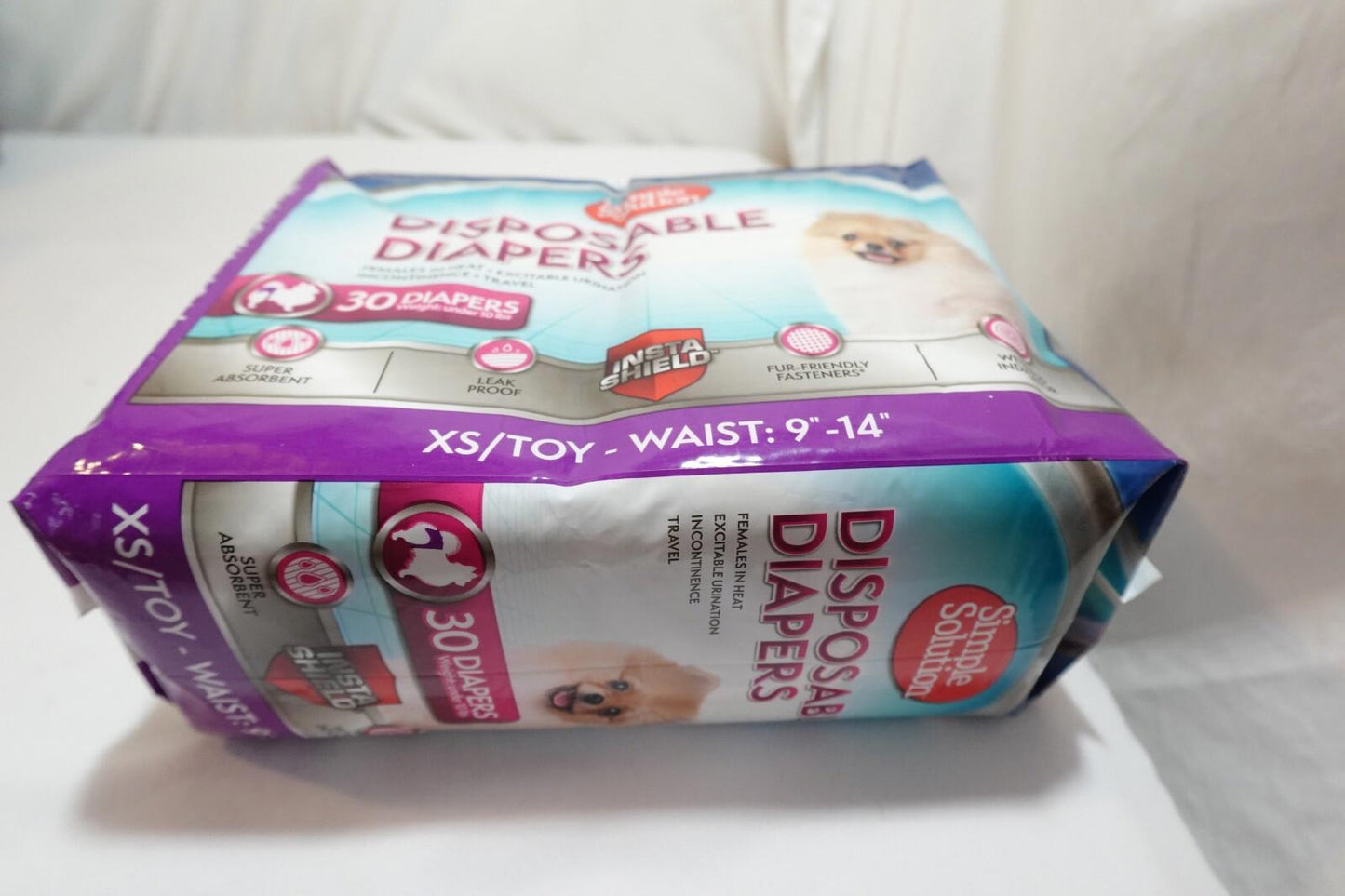 SIMPLE SOLUTIONS DISPOSABLE FEMALE DOG DIAPERS (30) XS/TOY WAIST 9"-14" - NEW