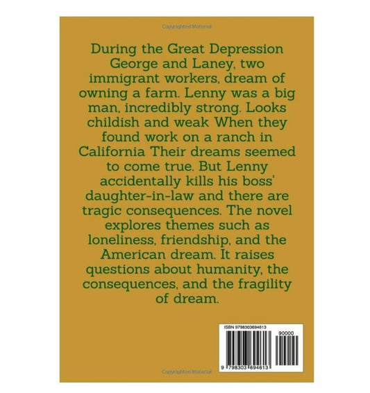 Of Mice and Men book cover featuring a summary of the story's themes and characters.