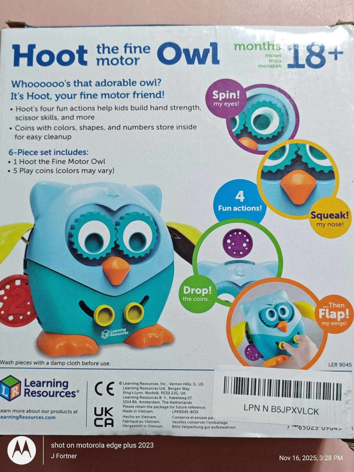 Hoot the Fine Motor Owl toy for 18 months and up, featuring colorful design and interactive actions.