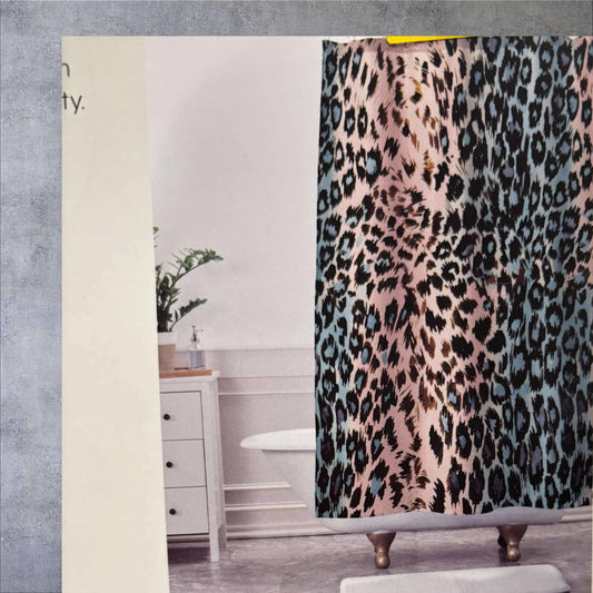 Leopard Print Shower Curtain featuring a vibrant pink and blue design.
