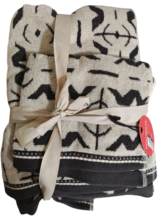 Paradise Bath & Hand Towel Set Black/White- Opal house Double Pack (4pc Total)