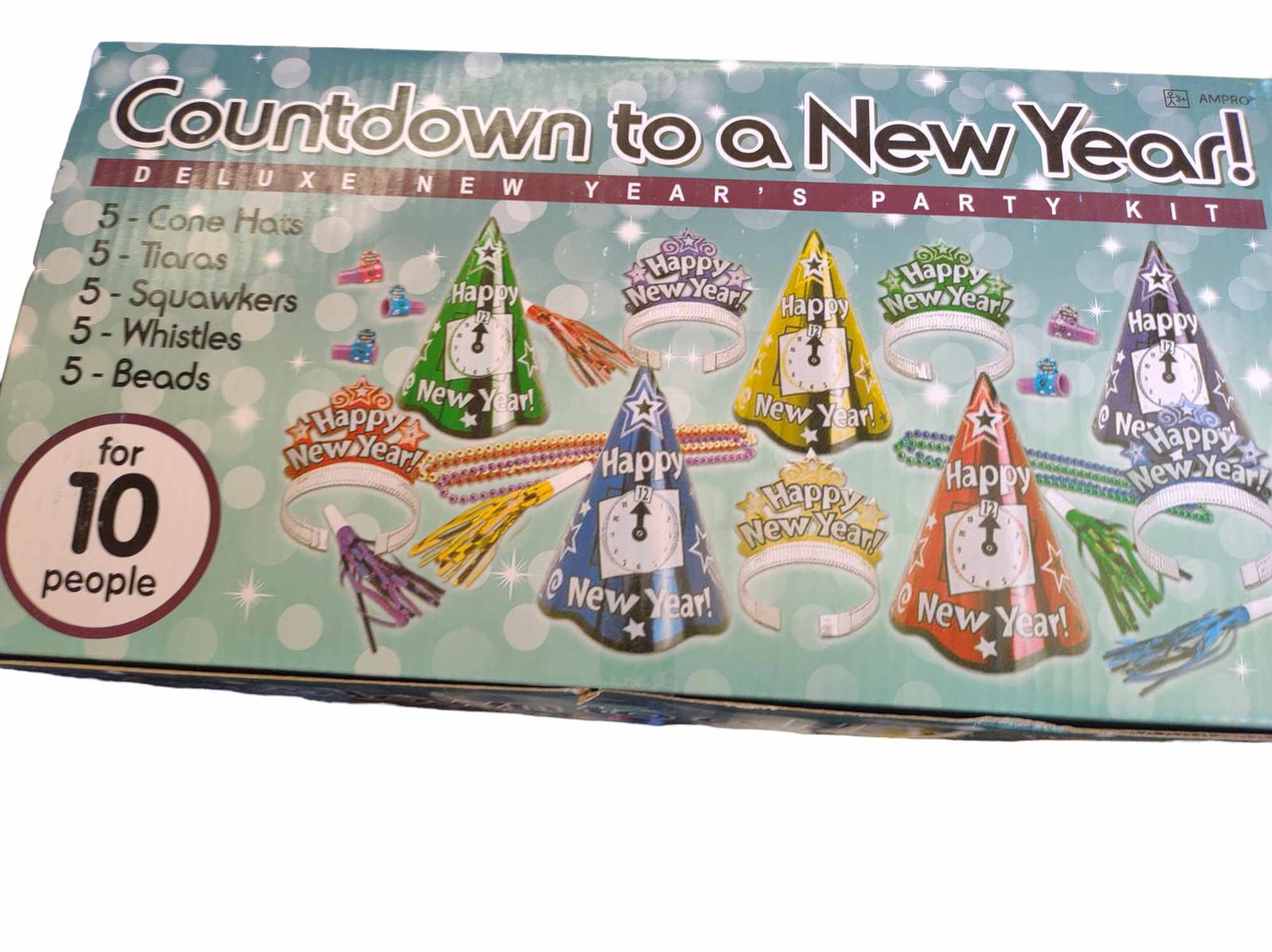 Countdown to a New Year! party kit featuring colorful hats, beads, and noisemakers for 10 people.