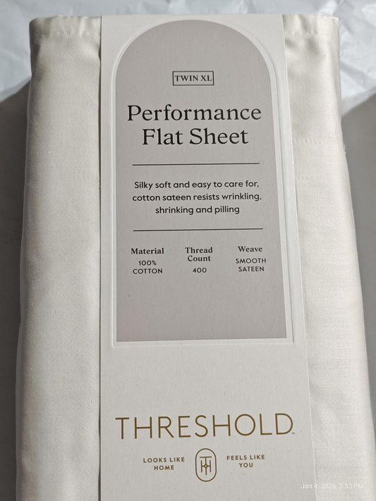 Twin/Twin XL Threshold  400 Thread Flat Sheet Sateen White 100% Cotton