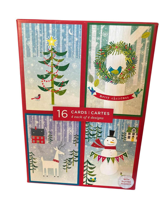 Christmas Card Set featuring 16 festive designs including a snowman, Christmas tree, and wreath.
