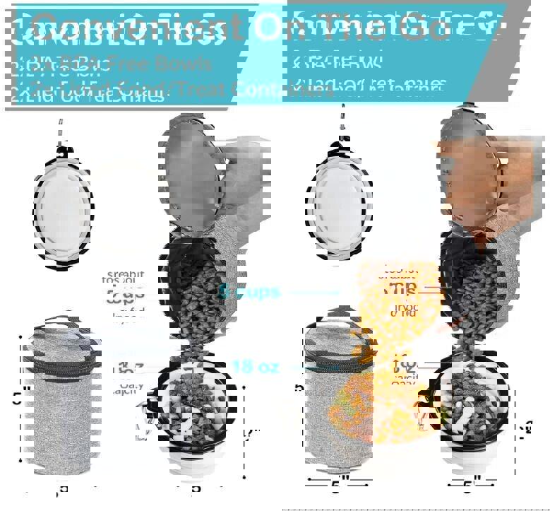 Dog Travel Bag for Supplies - Includes Travel Bag, Travel Dog Bowls, Food Grey