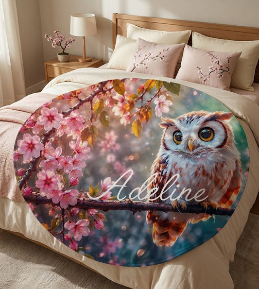 Personalized Owl Round Blanket with Name - White Owl on Cherry Blossom Branch with Custom Name in White Cursive - Owl Gift for Women