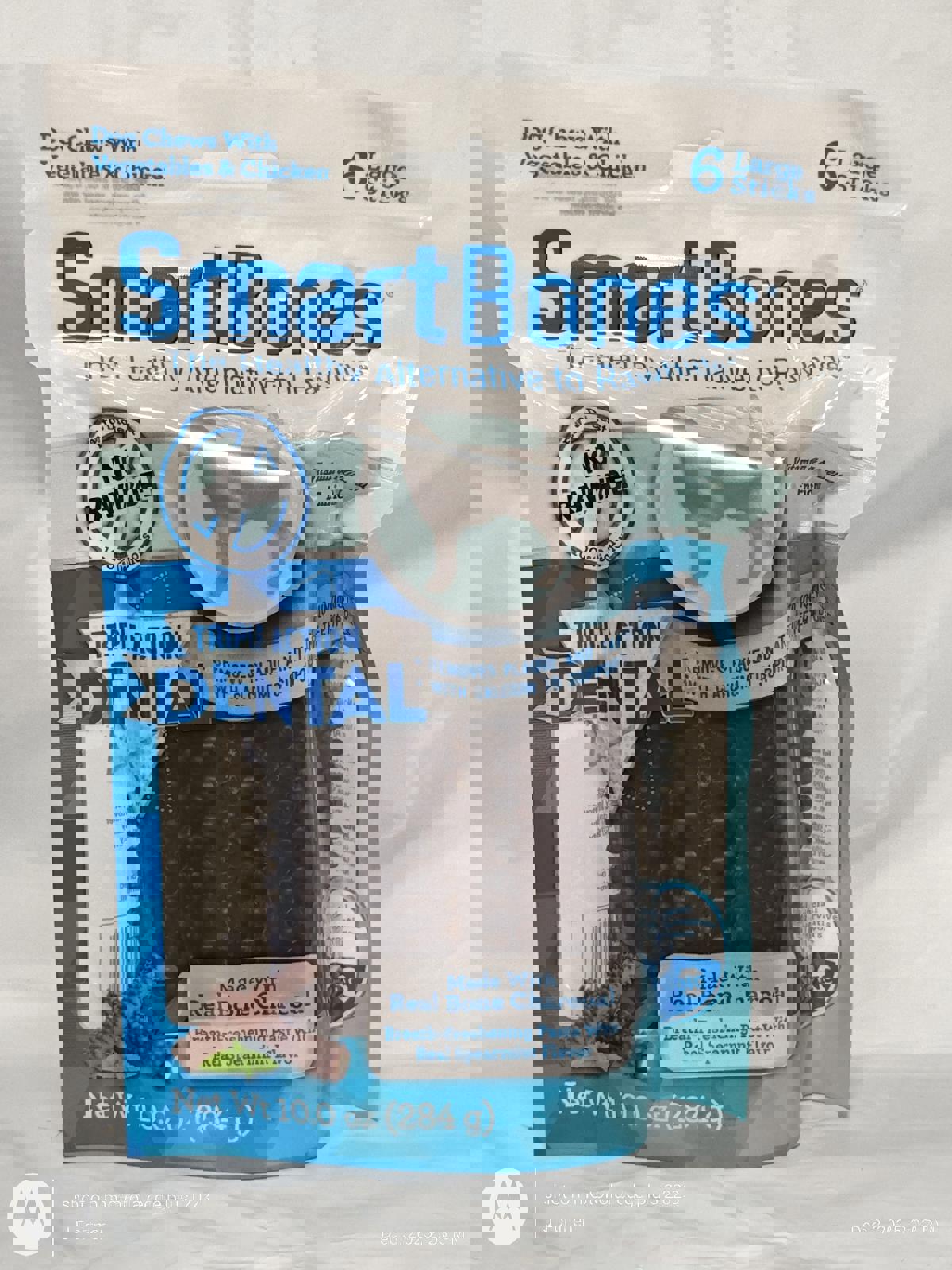 SmartBones dental dog chews with real bone and vegetables, promoting dental health.