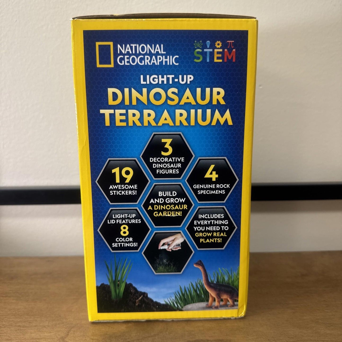 National Geographic Light-Up Dinosaur Terrarium with decorative figures and color-changing features.