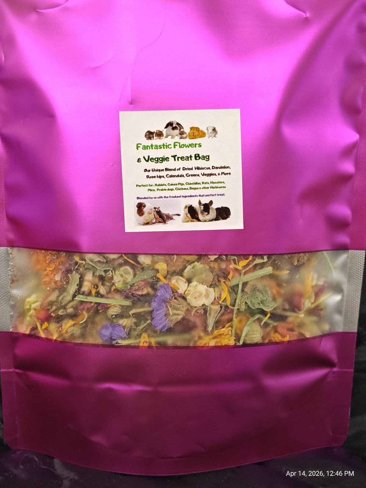 Pink bag of 'Fantastic Flowers & Veggie Treat Bag' with visible contents and label.