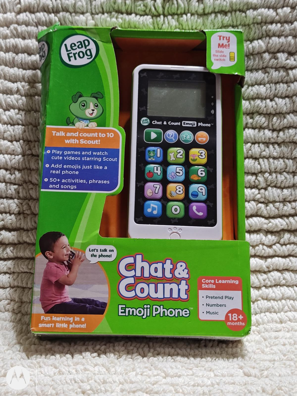 LeapFrog Chat & Count Emoji Phone with colorful buttons and learning features for toddlers.