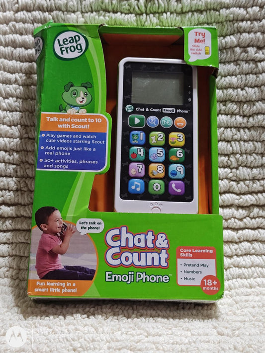 LeapFrog Chat & Count Emoji Phone with colorful buttons and learning features for toddlers.