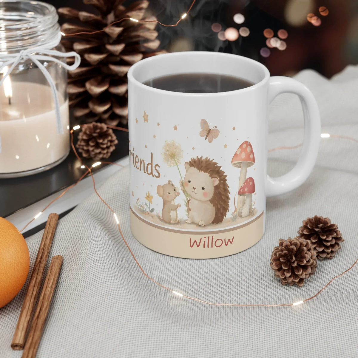Personalized Little Friends Woodland Mug | Custom Name | Hedgehog Mushroom Watercolor Ceramic Gift