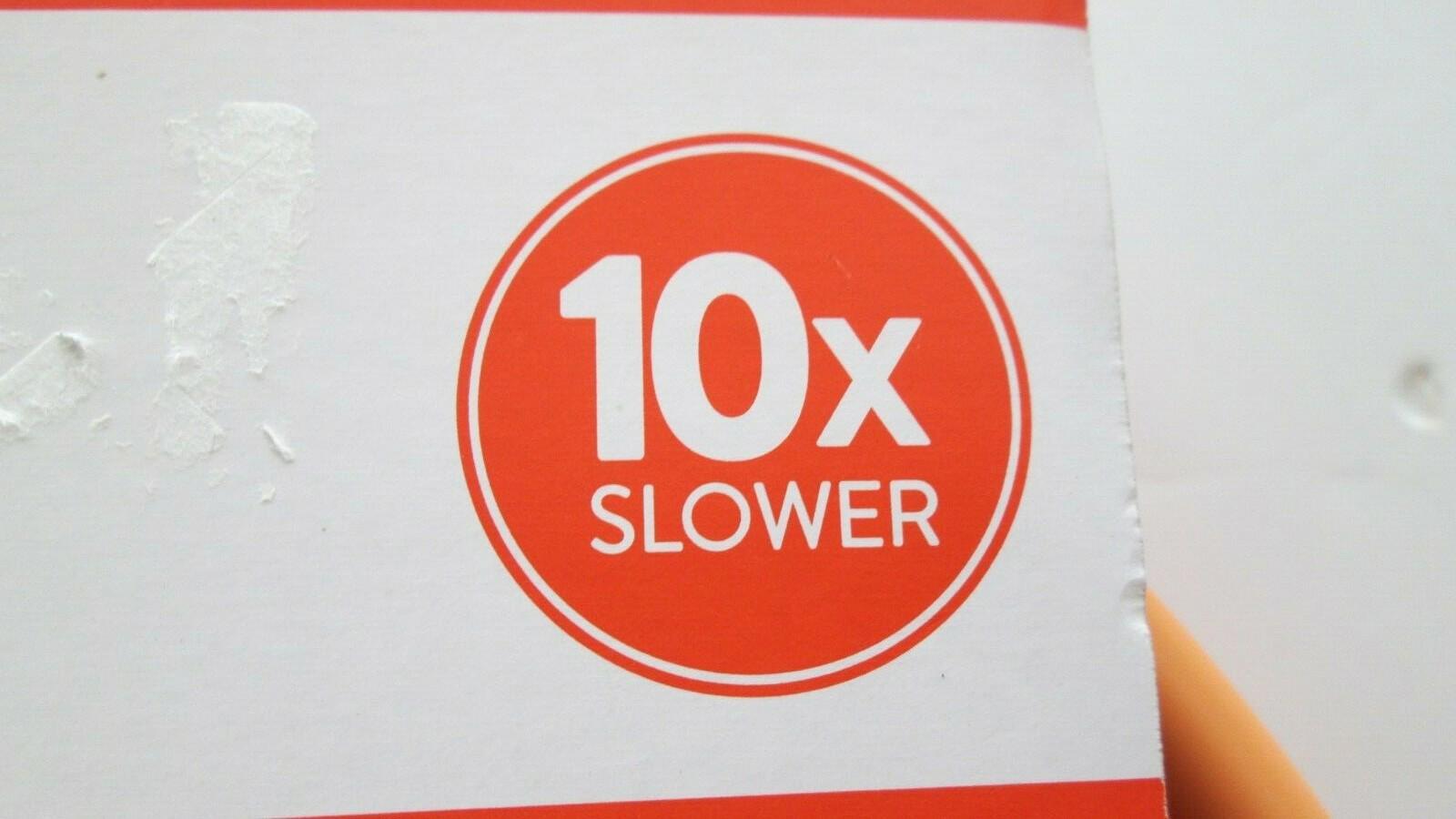 10x Slower product label in bold white text on an orange circle.