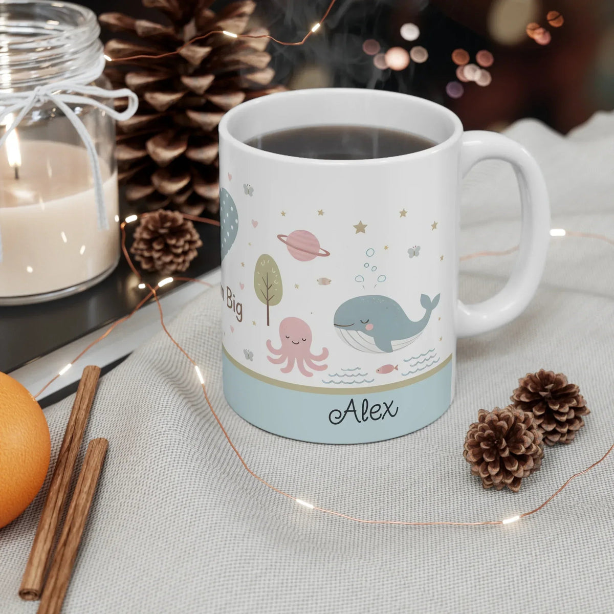 Personalized Dream Big Ocean Mug | Custom Name | Whale Octopus Pastel Nursery Ceramic Gift