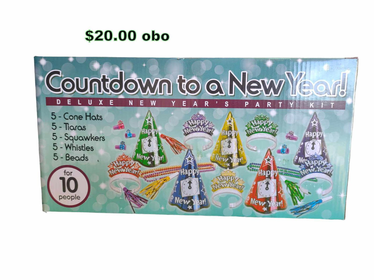 Countdown to a New Year! party kit featuring colorful cone hats, squawkers, and beads for 10 people.