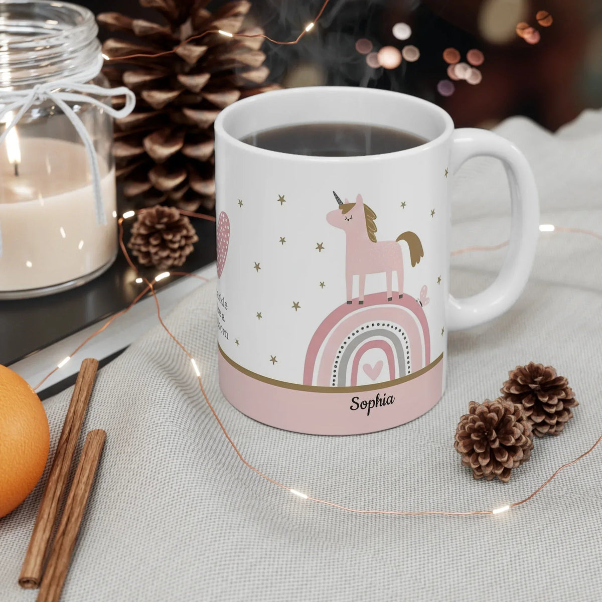 Personalized Sparkle Like a Unicorn Mug | Custom Name | Boho Rainbow Dusty Pink Ceramic Gift