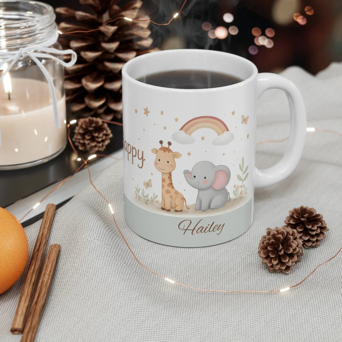 Personalized Be Happy Safari Mug | Custom Name | Baby Elephant Giraffe Boho Rainbow Ceramic Gift