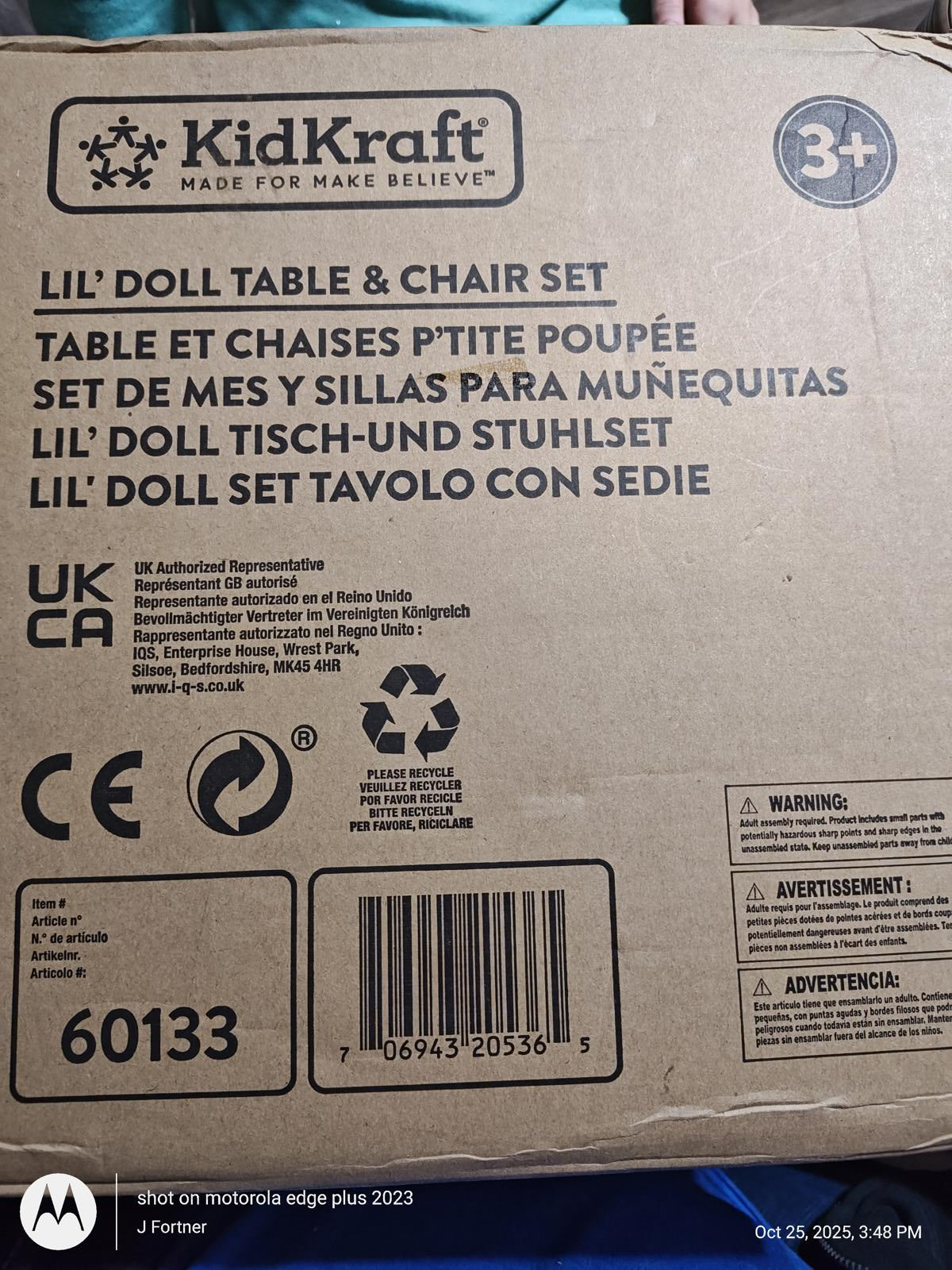 KidKraft Lil' Doll Table & Chair Set box featuring multi-language descriptions and product details.