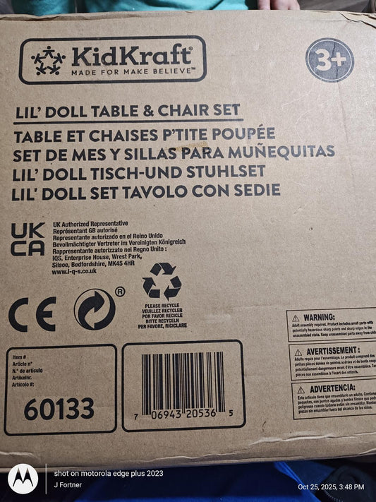 KidKraft Lil' Doll Table & Chair Set box featuring multi-language descriptions and product details.