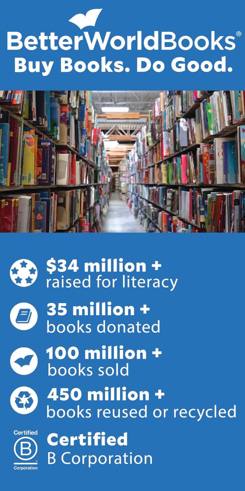 BetterWorldBooks promotes literacy with over 35 million books donated and 100 million books sold.