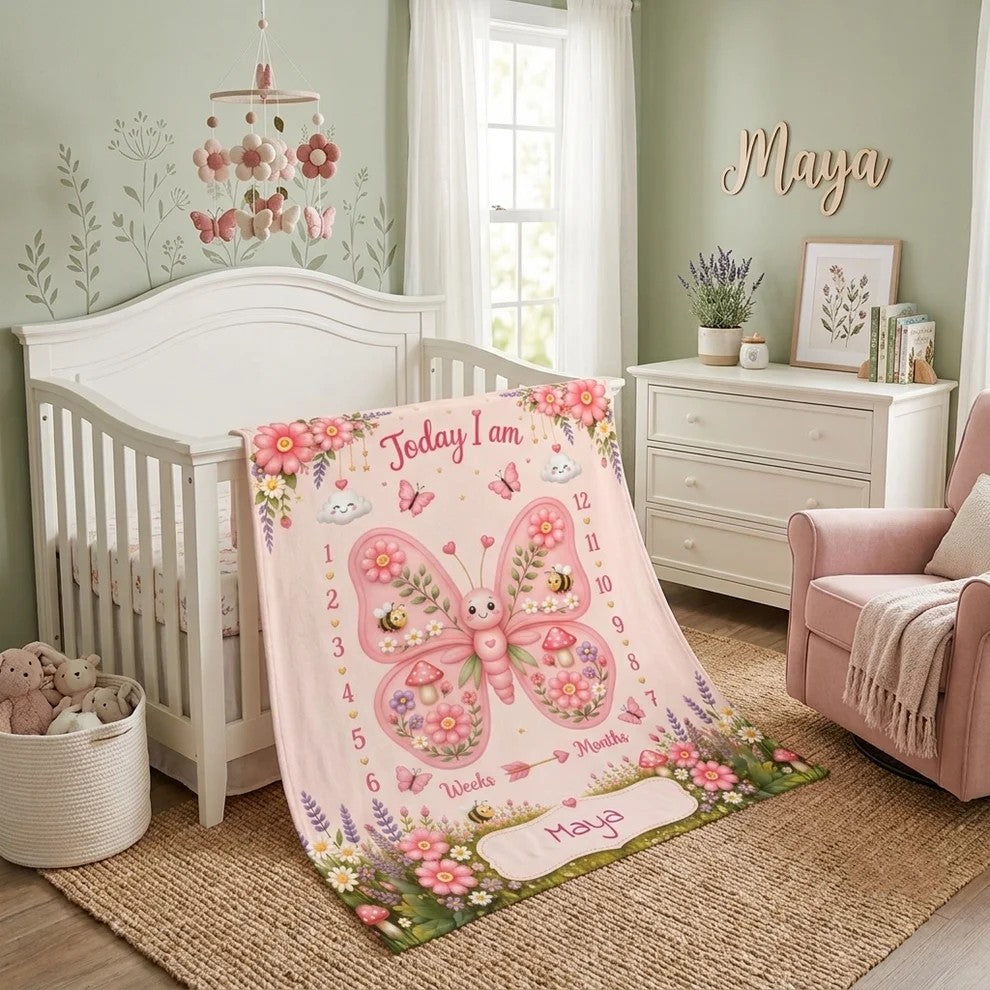 Personalized Baby Milestone Blanket with Name - Butterfly Garden Design with Month Numbers, Meadow Border, and Baby Name on Cream Oval Plaque - Newborn Photoshoot Prop
