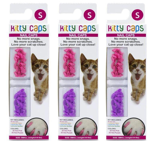 Kitty Caps nail caps in pink and purple colors for cats, preventing scratches and snags.