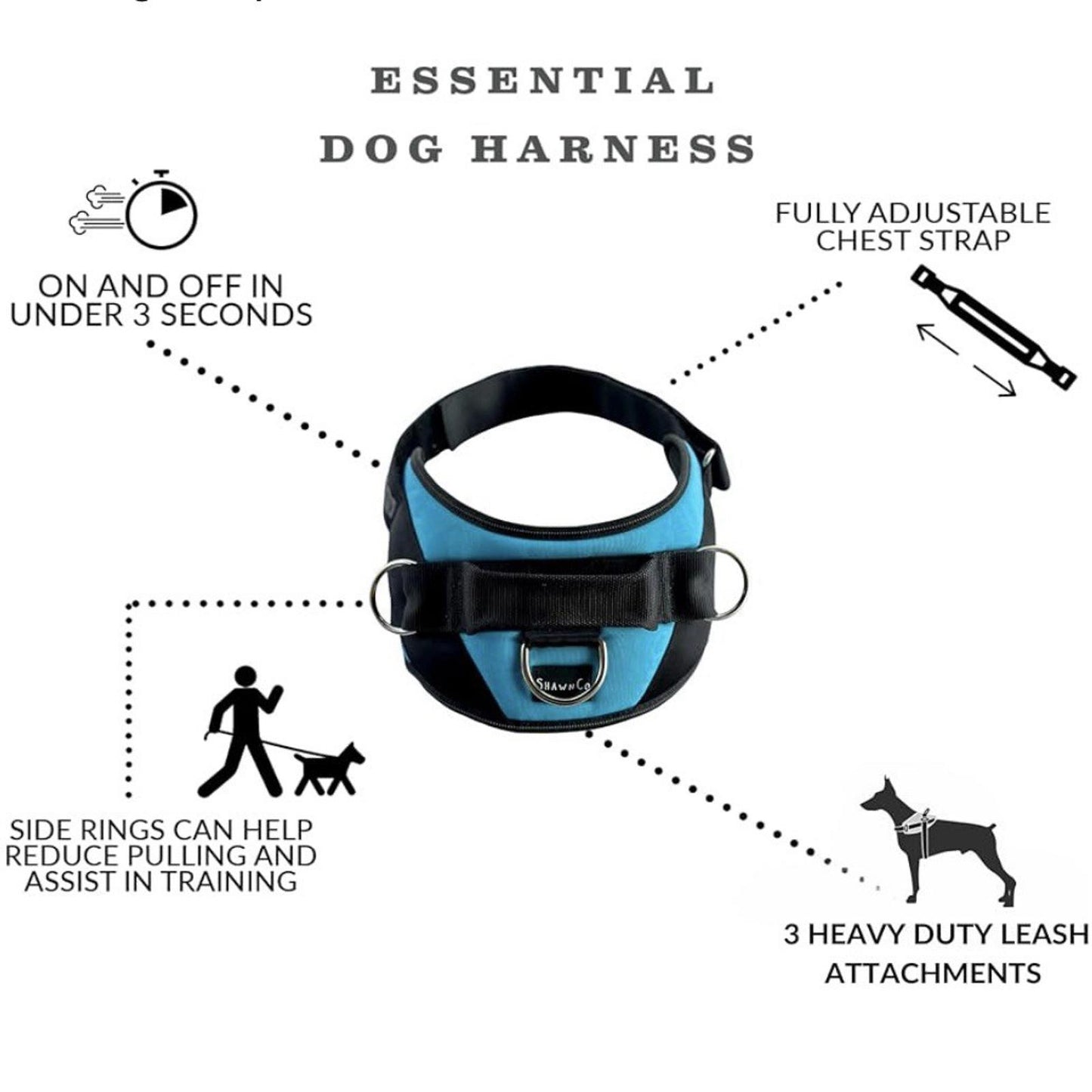 Essential Dog Harness No-Pull w 3 Leash Clips Reflective No Choke XS
